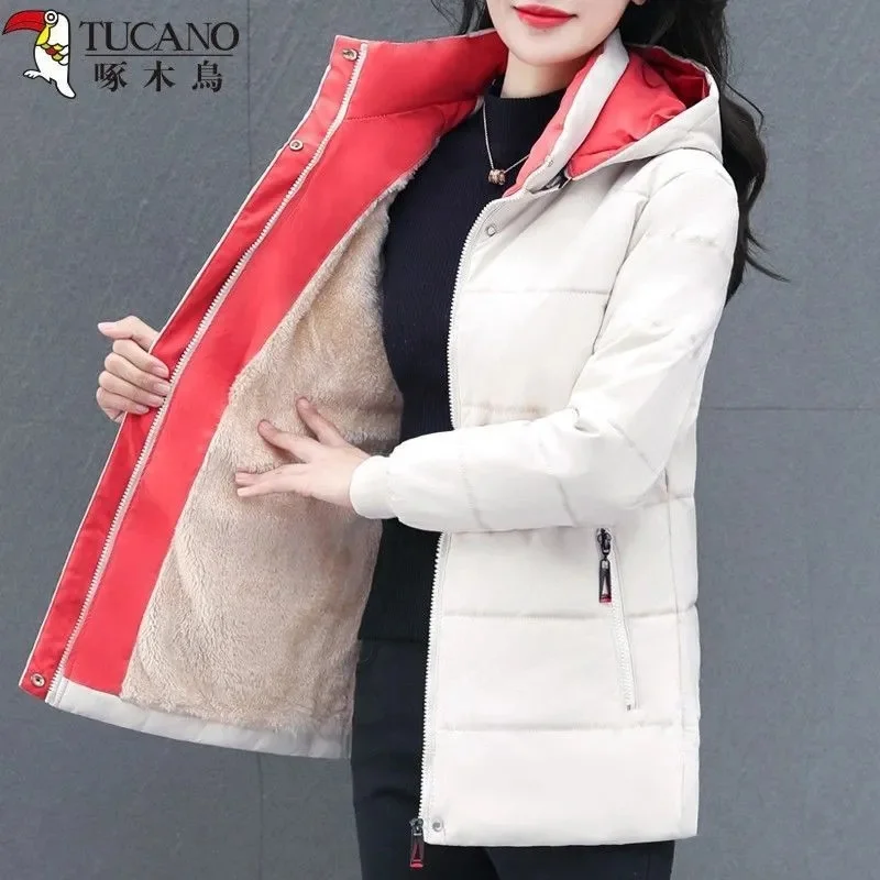 Detachable Hooded Parka Windproof jacket Female's winter jacket plush and Thickened High-End Women's Short Cotton Coat Patchwork