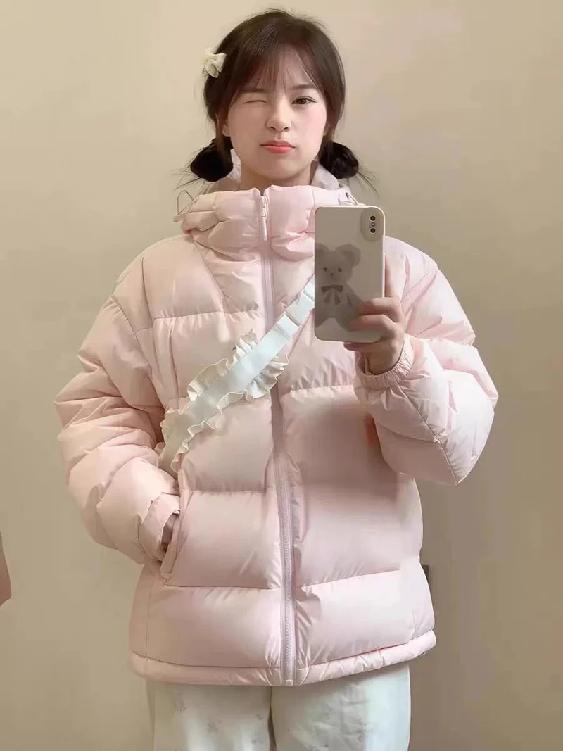 Zoki Winter Cute Pink Puffy Parkas Women Warm Thick Long Sleeve Sweet Cotton Coat Casual Stand Collar Preppy Style Korean Jacket