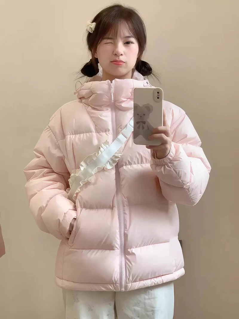 Zoki Winter Cute Pink Puffy Parkas Women Warm Thick Long Sleeve Sweet Cotton Coat Casual Stand Collar Preppy Style Korean Jacket