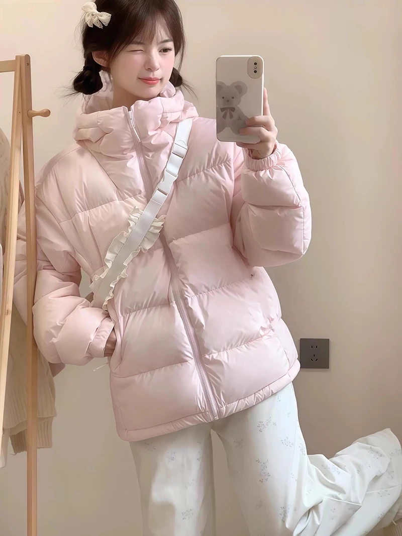 Zoki Winter Cute Pink Puffy Parkas Women Warm Thick Long Sleeve Sweet Cotton Coat Casual Stand Collar Preppy Style Korean Jacket