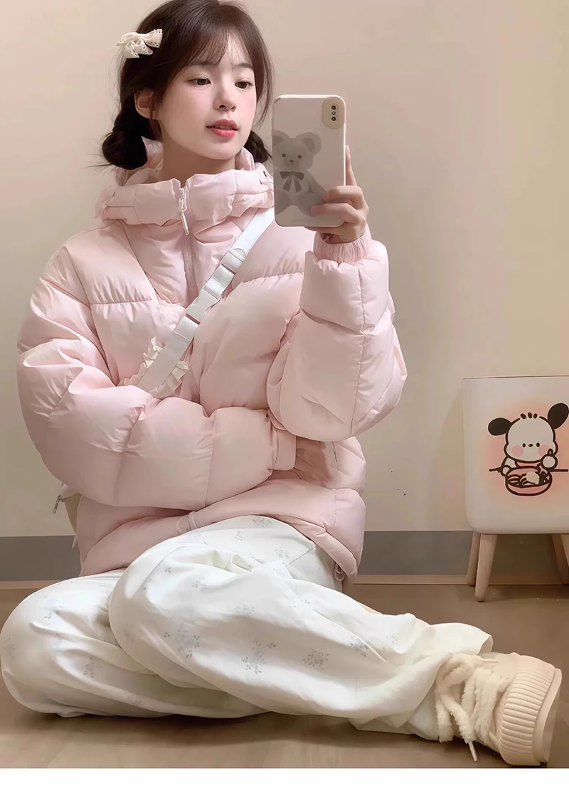 Zoki Winter Cute Pink Puffy Parkas Women Warm Thick Long Sleeve Sweet Cotton Coat Casual Stand Collar Preppy Style Korean Jacket