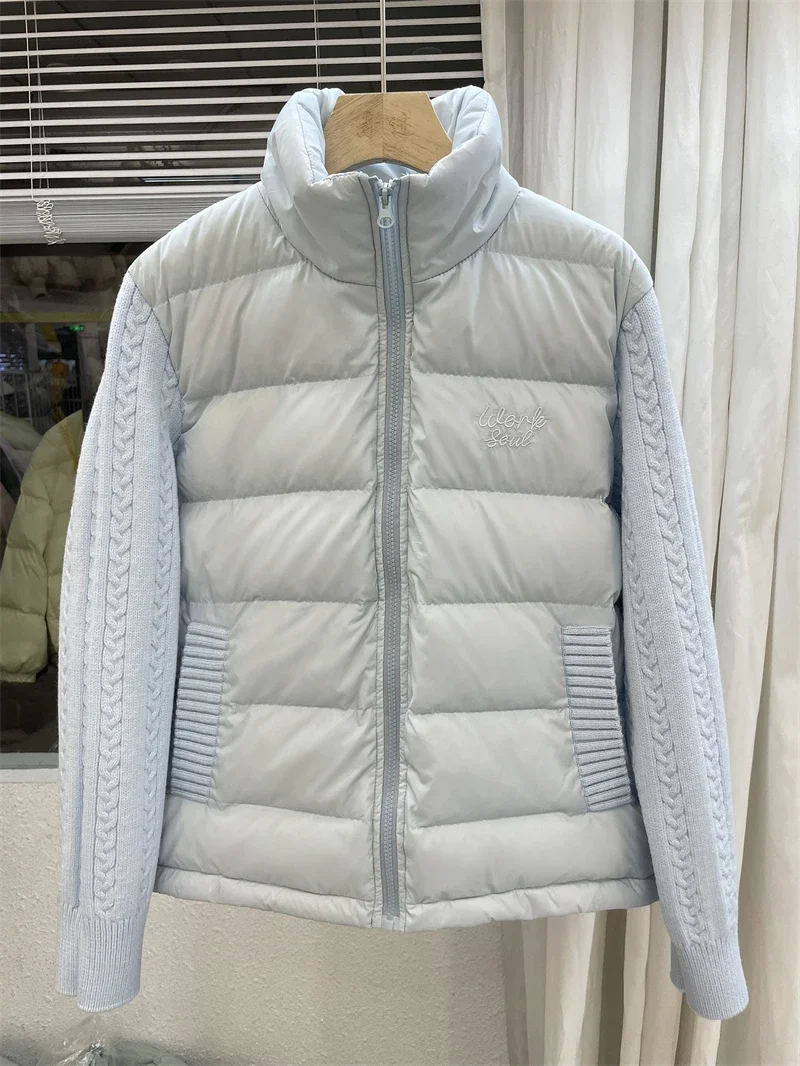 Knit Sleeve Puffer Jacket Women Stand Collar Lightweight Parkas Winter Cable Knit Patchwork Coat Design Short Outerwear куртка