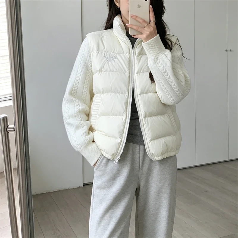 Knit Sleeve Puffer Jacket Women Stand Collar Lightweight Parkas Winter Cable Knit Patchwork Coat Design Short Outerwear куртка