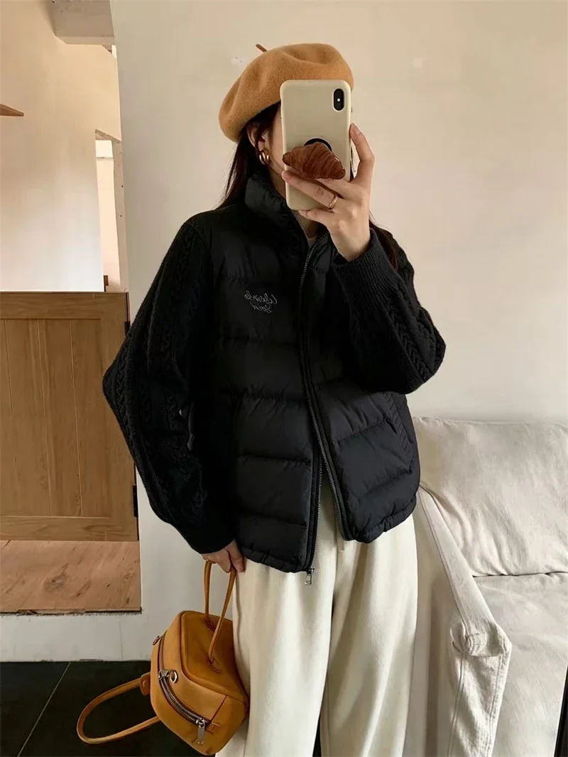 Knit Sleeve Puffer Jacket Women Stand Collar Lightweight Parkas Winter Cable Knit Patchwork Coat Design Short Outerwear куртка