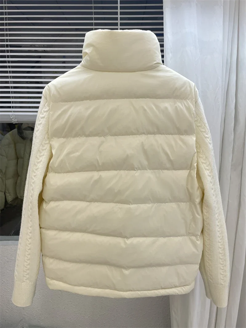 Knit Sleeve Puffer Jacket Women Stand Collar Lightweight Parkas Winter Cable Knit Patchwork Coat Design Short Outerwear куртка