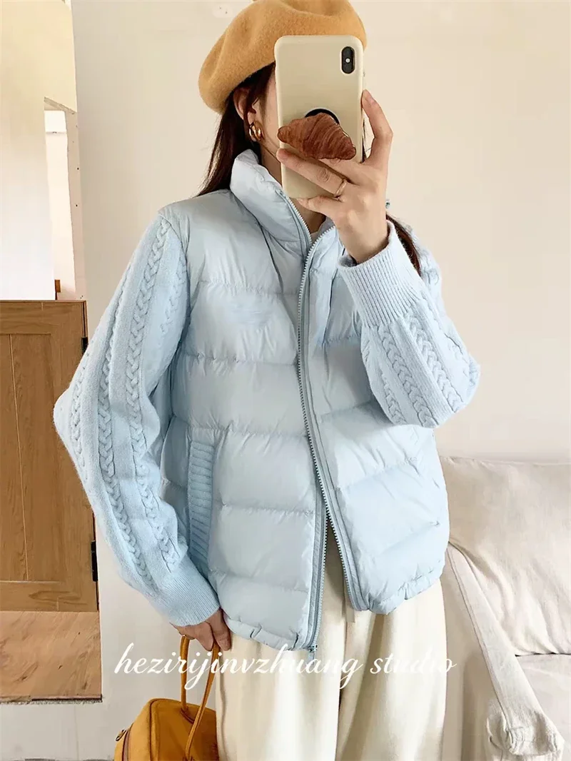 Knit Sleeve Puffer Jacket Women Stand Collar Lightweight Parkas Winter Cable Knit Patchwork Coat Design Short Outerwear куртка