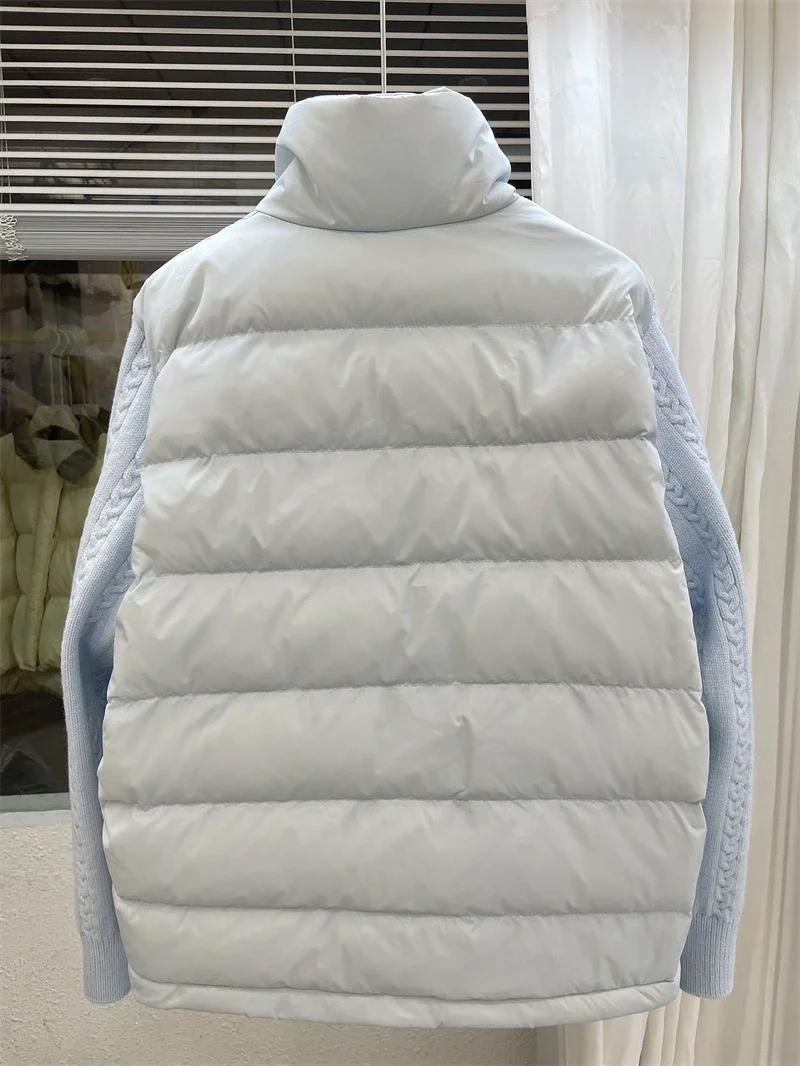 Knit Sleeve Puffer Jacket Women Stand Collar Lightweight Parkas Winter Cable Knit Patchwork Coat Design Short Outerwear куртка