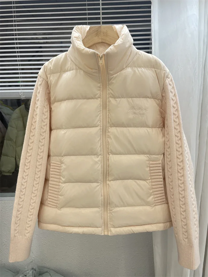 Knit Sleeve Puffer Jacket Women Stand Collar Lightweight Parkas Winter Cable Knit Patchwork Coat Design Short Outerwear куртка