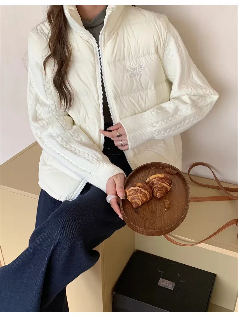 Knit Sleeve Puffer Jacket Women Stand Collar Lightweight Parkas Winter Cable Knit Patchwork Coat Design Short Outerwear куртка