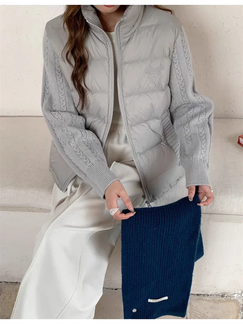 Knit Sleeve Puffer Jacket Women Stand Collar Lightweight Parkas Winter Cable Knit Patchwork Coat Design Short Outerwear куртка