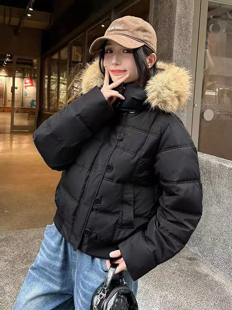 Winter Warm Faux Fur Hooded Parkas for Women Y2K Korean Thick Fluffy Coats Fashion Streetwear Single Breasted Puffer Jacket