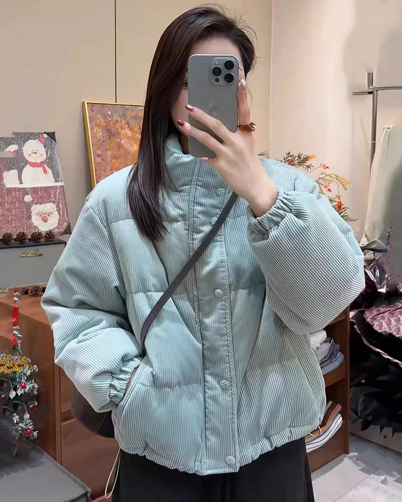 Winter Corduroy Parkas for Women Y2K Korean Loose Thick Warm Crop Coats Y2K Harajuku Preppy All Match Puffer Outerwear Mujer