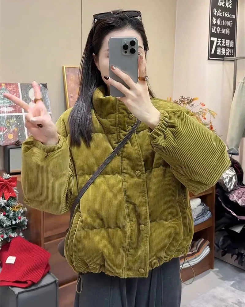 Winter Corduroy Parkas for Women Y2K Korean Loose Thick Warm Crop Coats Y2K Harajuku Preppy All Match Puffer Outerwear Mujer