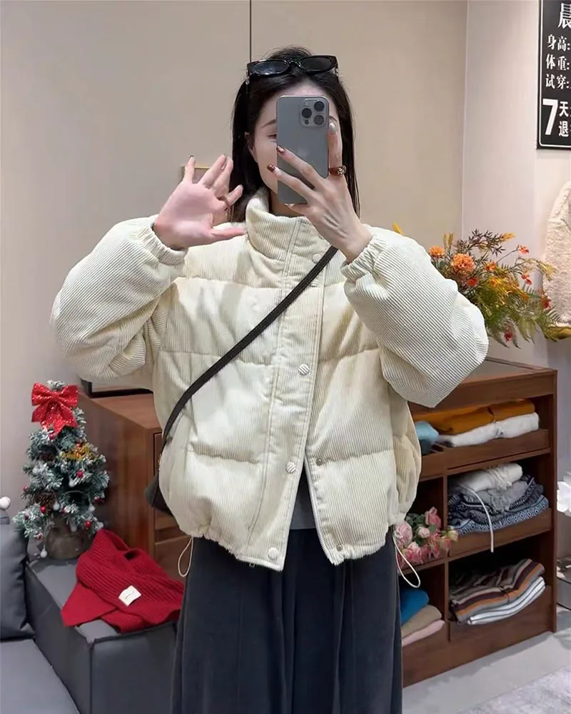 Winter Corduroy Parkas for Women Y2K Korean Loose Thick Warm Crop Coats Y2K Harajuku Preppy All Match Puffer Outerwear Mujer