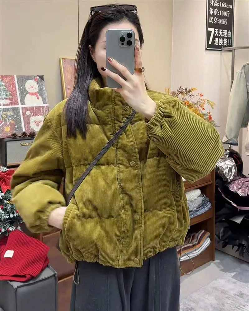 Winter Corduroy Parkas for Women Y2K Korean Loose Thick Warm Crop Coats Y2K Harajuku Preppy All Match Puffer Outerwear Mujer