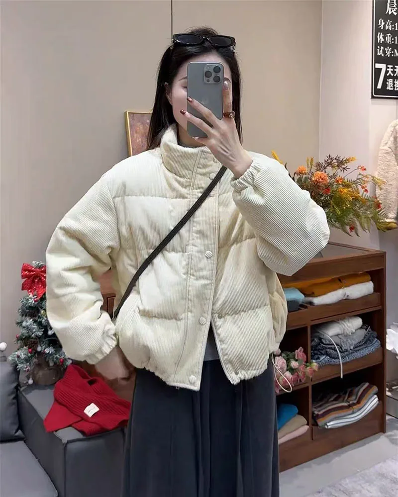 Winter Corduroy Parkas for Women Y2K Korean Loose Thick Warm Crop Coats Y2K Harajuku Preppy All Match Puffer Outerwear Mujer