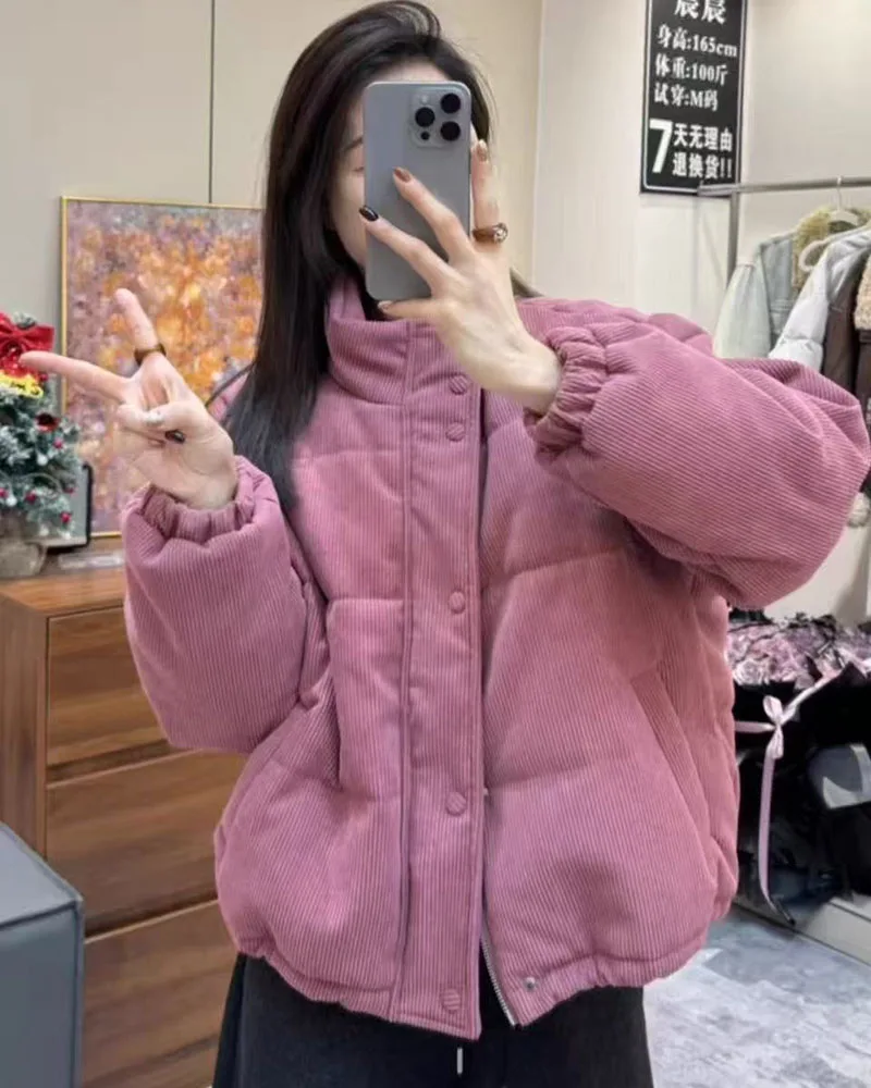 Winter Corduroy Parkas for Women Y2K Korean Loose Thick Warm Crop Coats Y2K Harajuku Preppy All Match Puffer Outerwear Mujer