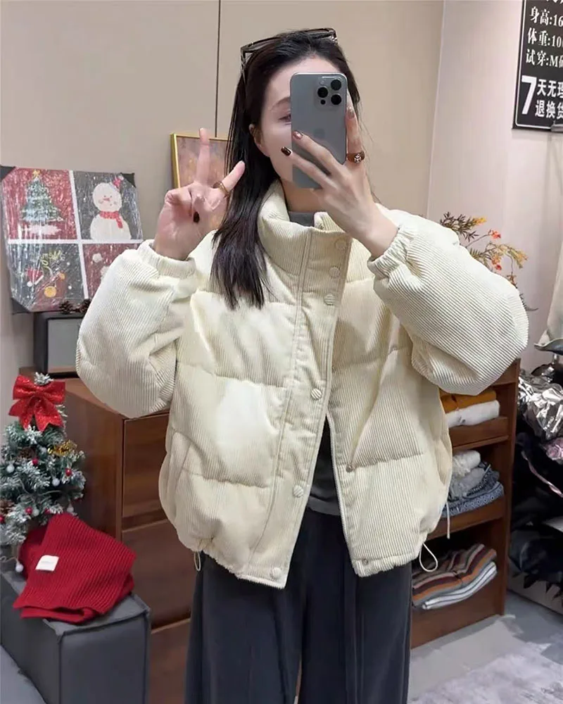 Winter Corduroy Parkas for Women Y2K Korean Loose Thick Warm Crop Coats Y2K Harajuku Preppy All Match Puffer Outerwear Mujer