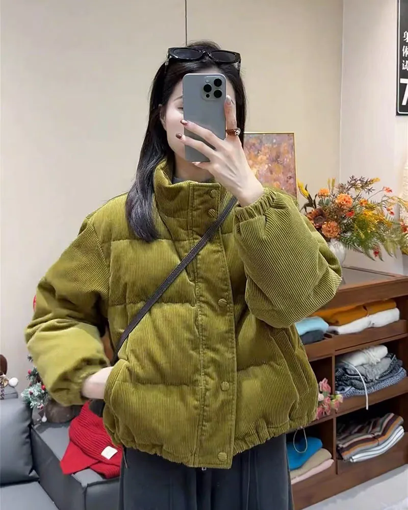 Winter Corduroy Parkas for Women Y2K Korean Loose Thick Warm Crop Coats Y2K Harajuku Preppy All Match Puffer Outerwear Mujer
