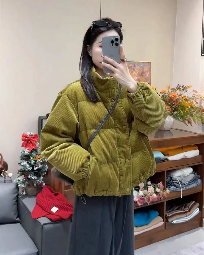 Winter Corduroy Parkas for Women Y2K Korean Loose Thick Warm Crop Coats Y2K Harajuku Preppy All Match Puffer Outerwear Mujer