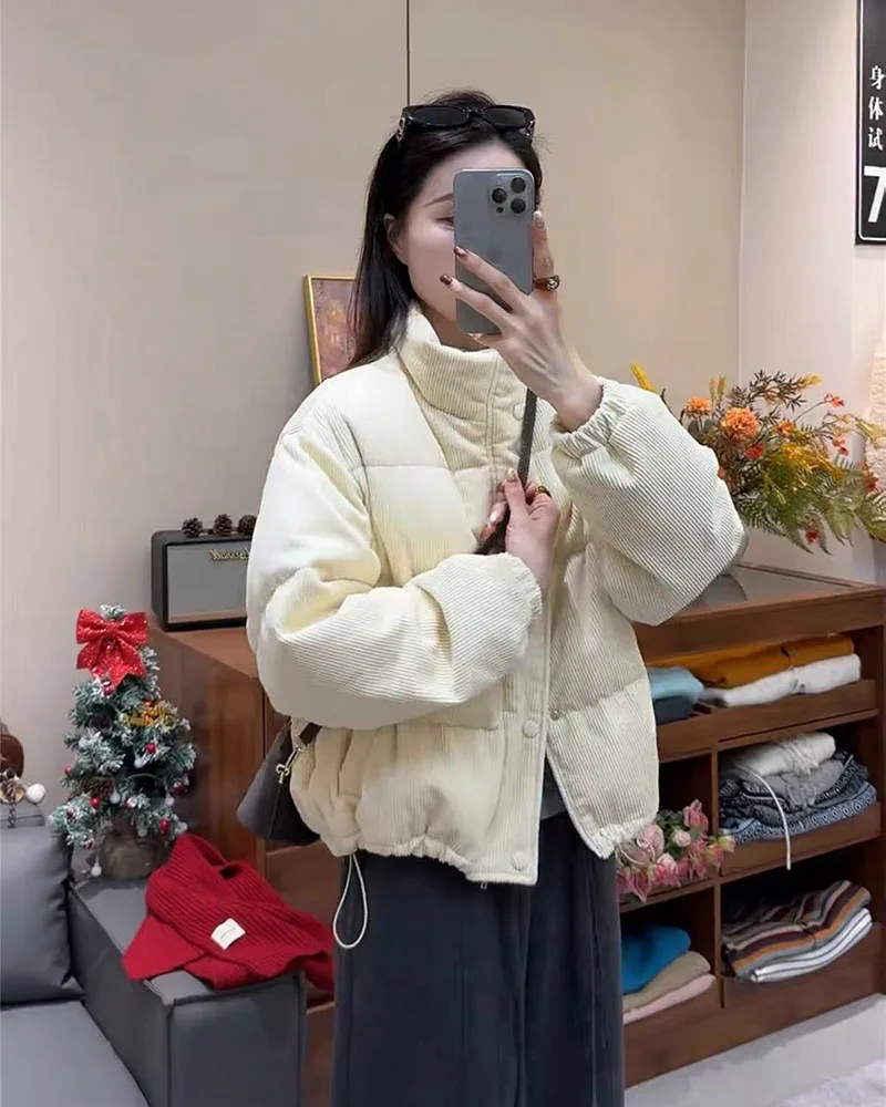 Winter Corduroy Parkas for Women Y2K Korean Loose Thick Warm Crop Coats Y2K Harajuku Preppy All Match Puffer Outerwear Mujer