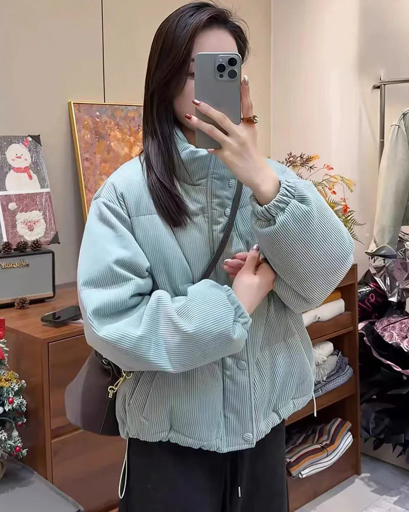Winter Corduroy Parkas for Women Y2K Korean Loose Thick Warm Crop Coats Y2K Harajuku Preppy All Match Puffer Outerwear Mujer