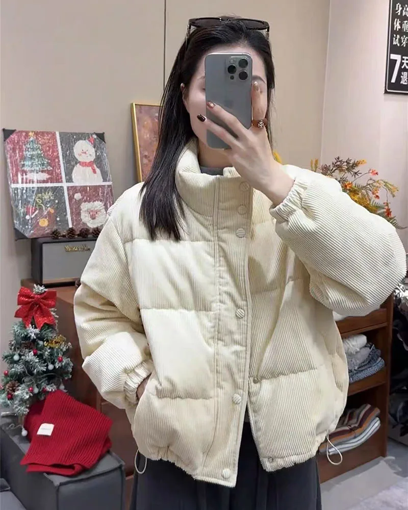 Winter Corduroy Parkas for Women Y2K Korean Loose Thick Warm Crop Coats Y2K Harajuku Preppy All Match Puffer Outerwear Mujer