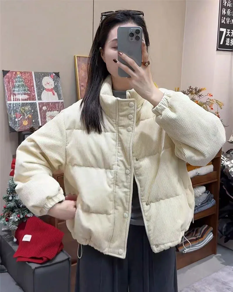 Winter Corduroy Parkas for Women Y2K Korean Loose Thick Warm Crop Coats Y2K Harajuku Preppy All Match Puffer Outerwear Mujer