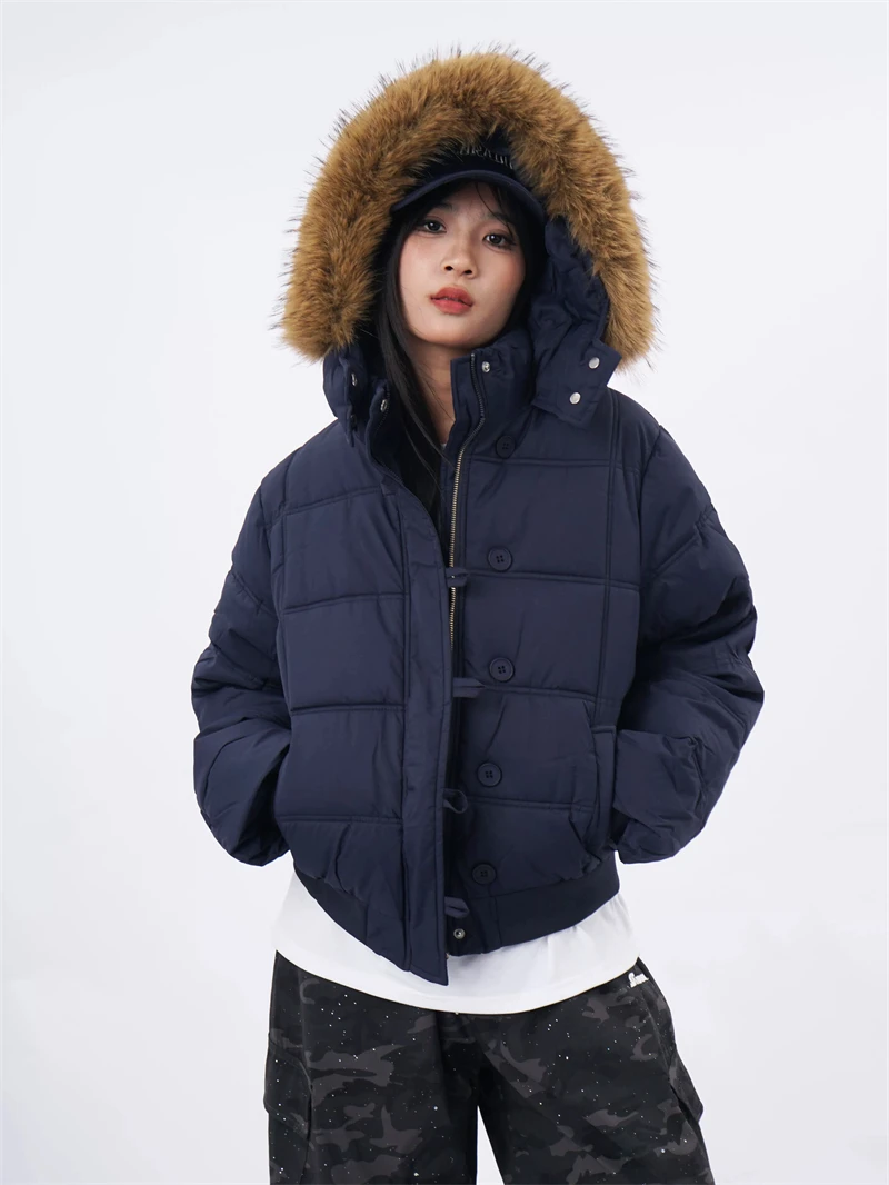ZAROY Quilted Cotton Slim Short Puffer Coat Women Fur Hood Thick Warm Windproof Winter Cotton Padded Outwear Retro Jacket куртка
