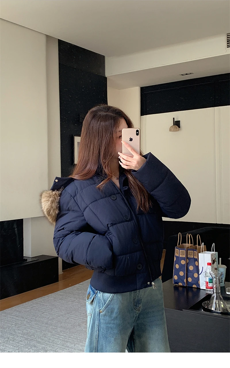 ZAROY Quilted Cotton Slim Short Puffer Coat Women Fur Hood Thick Warm Windproof Winter Cotton Padded Outwear Retro Jacket куртка