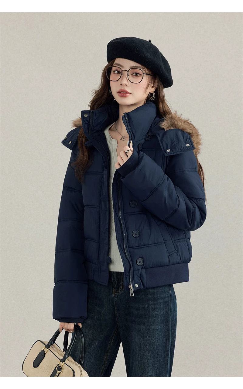 ZAROY Quilted Cotton Slim Short Puffer Coat Women Fur Hood Thick Warm Windproof Winter Cotton Padded Outwear Retro Jacket куртка