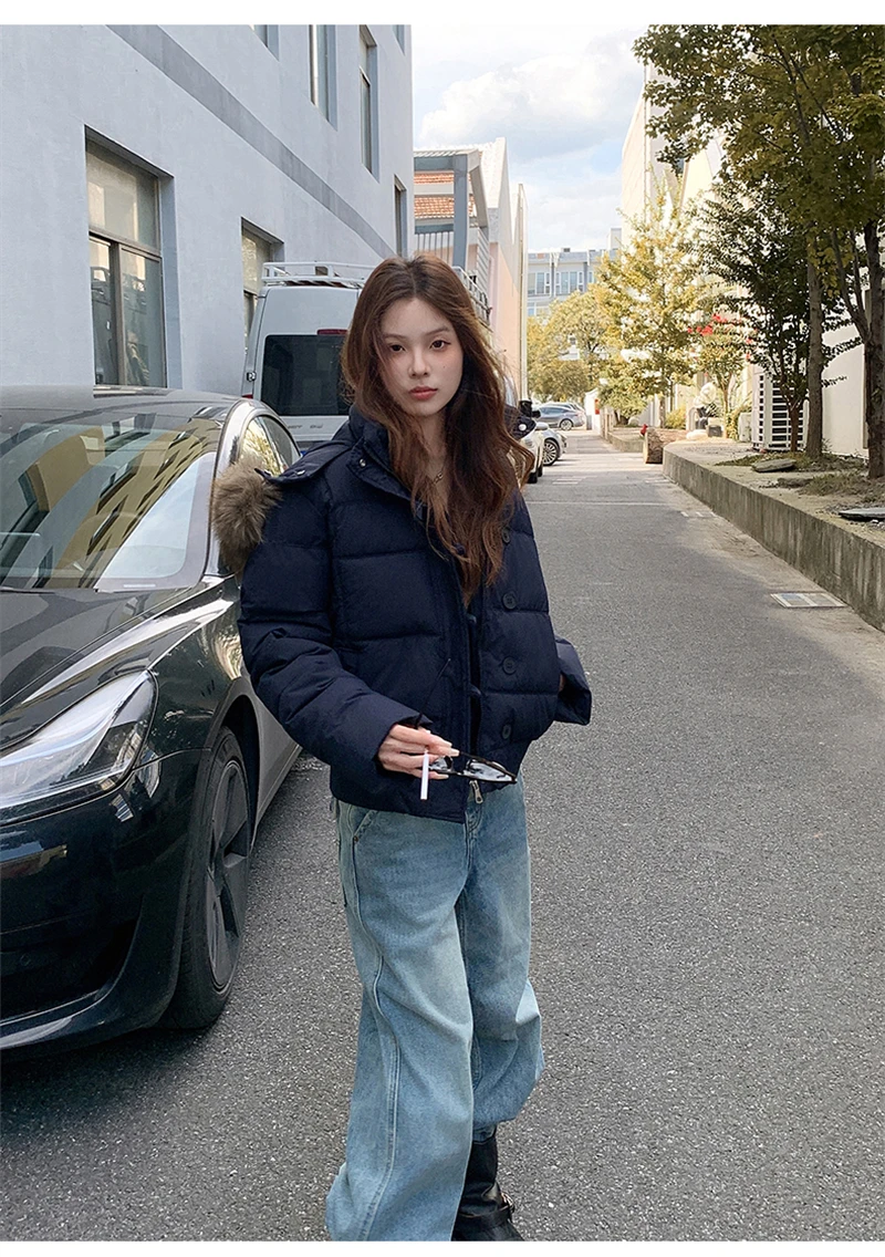 ZAROY Quilted Cotton Slim Short Puffer Coat Women Fur Hood Thick Warm Windproof Winter Cotton Padded Outwear Retro Jacket куртка