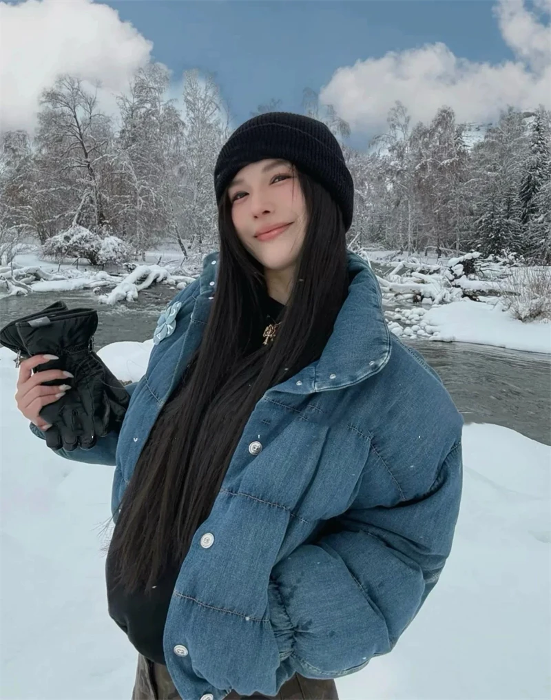 ZAROY Winter Women Denim Jacket With Corsage Fashion Stand Collar Single Breasted Causal Coat Thick Warm Parkas Outerwear куртка