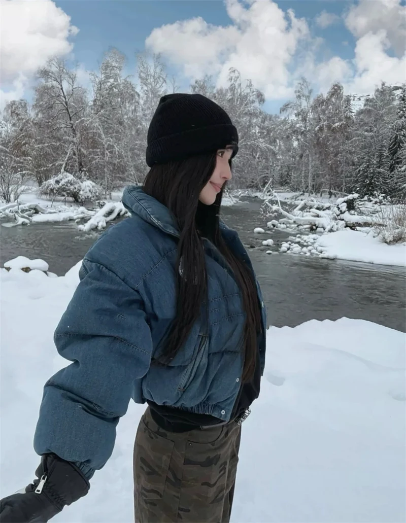 ZAROY Winter Women Denim Jacket With Corsage Fashion Stand Collar Single Breasted Causal Coat Thick Warm Parkas Outerwear куртка