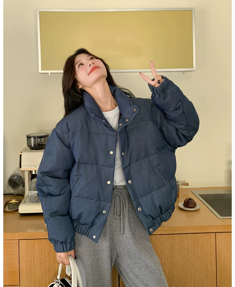 ZAROY Winter Women Denim Jacket With Corsage Fashion Stand Collar Single Breasted Causal Coat Thick Warm Parkas Outerwear куртка