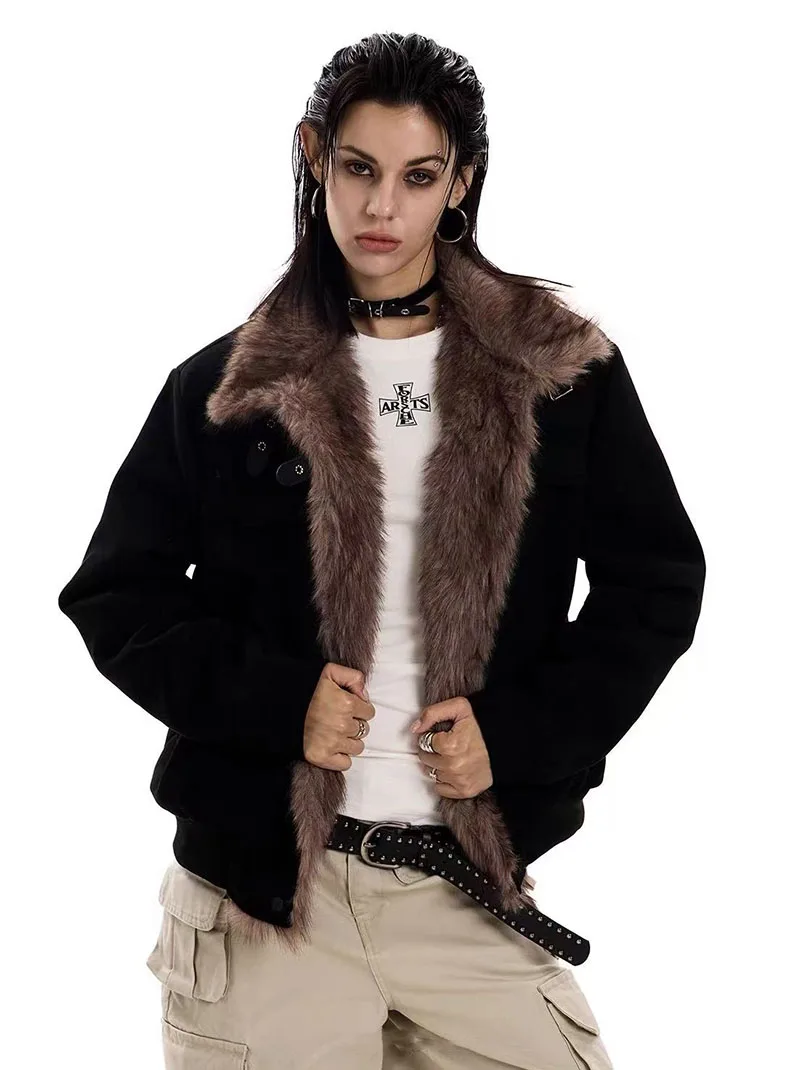 Vintage Suede Parkas Women Y2K American Loose Streetwear Fur Collar Coats Bf Harajuku Single Breasted Warm Outwear New