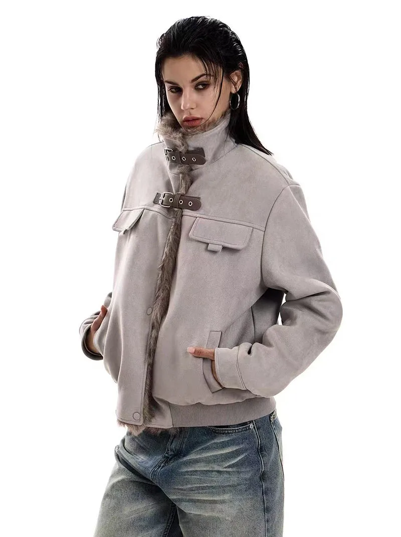 Vintage Suede Parkas Women Y2K American Loose Streetwear Fur Collar Coats Bf Harajuku Single Breasted Warm Outwear New