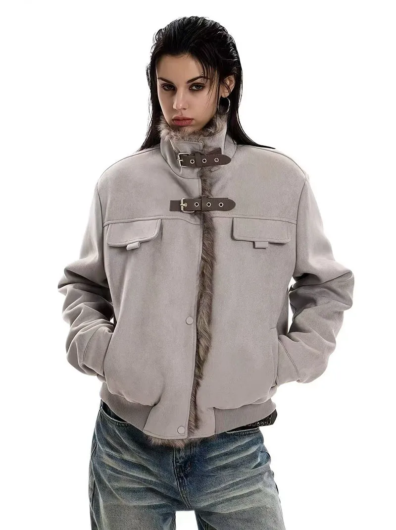 Vintage Suede Parkas Women Y2K American Loose Streetwear Fur Collar Coats Bf Harajuku Single Breasted Warm Outwear New