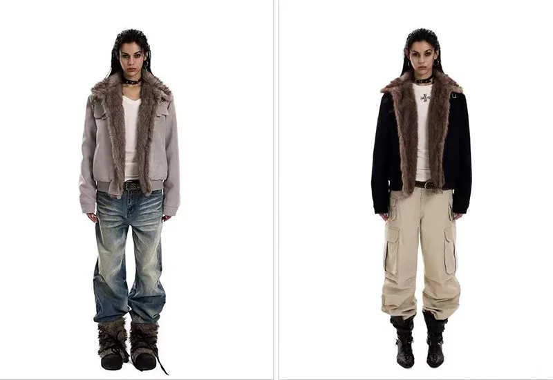 Vintage Suede Parkas Women Y2K American Loose Streetwear Fur Collar Coats Bf Harajuku Single Breasted Warm Outwear New