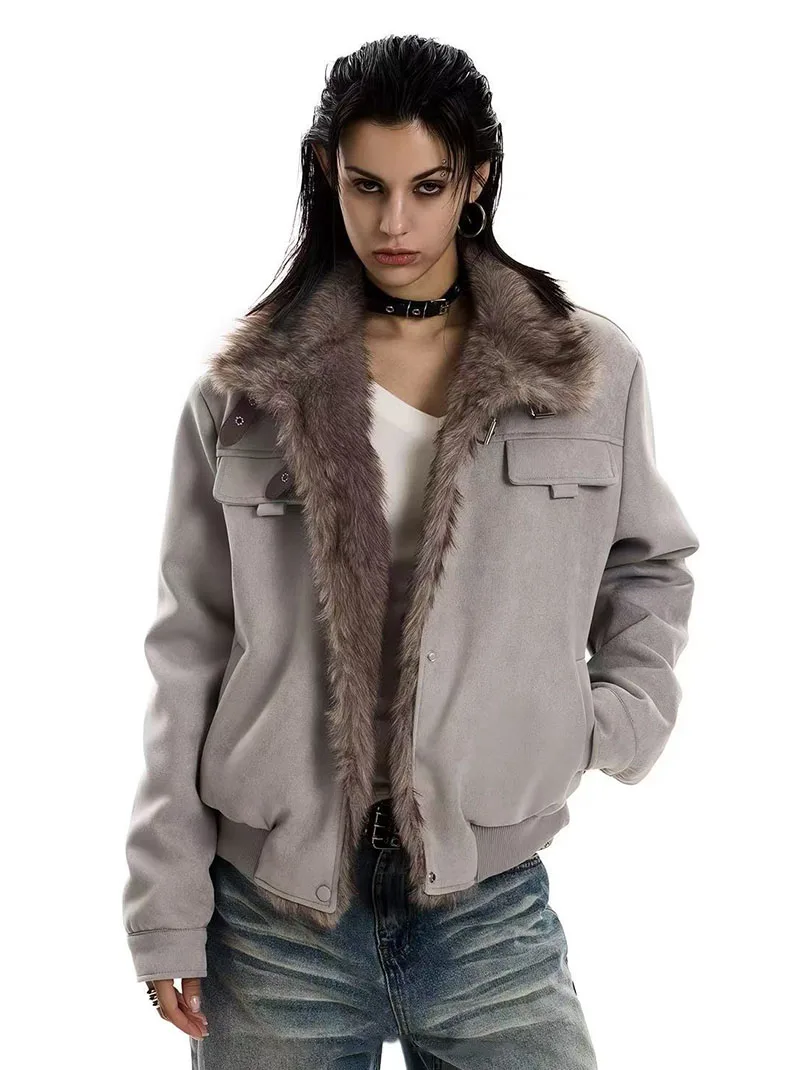 Vintage Suede Parkas Women Y2K American Loose Streetwear Fur Collar Coats Bf Harajuku Single Breasted Warm Outwear New