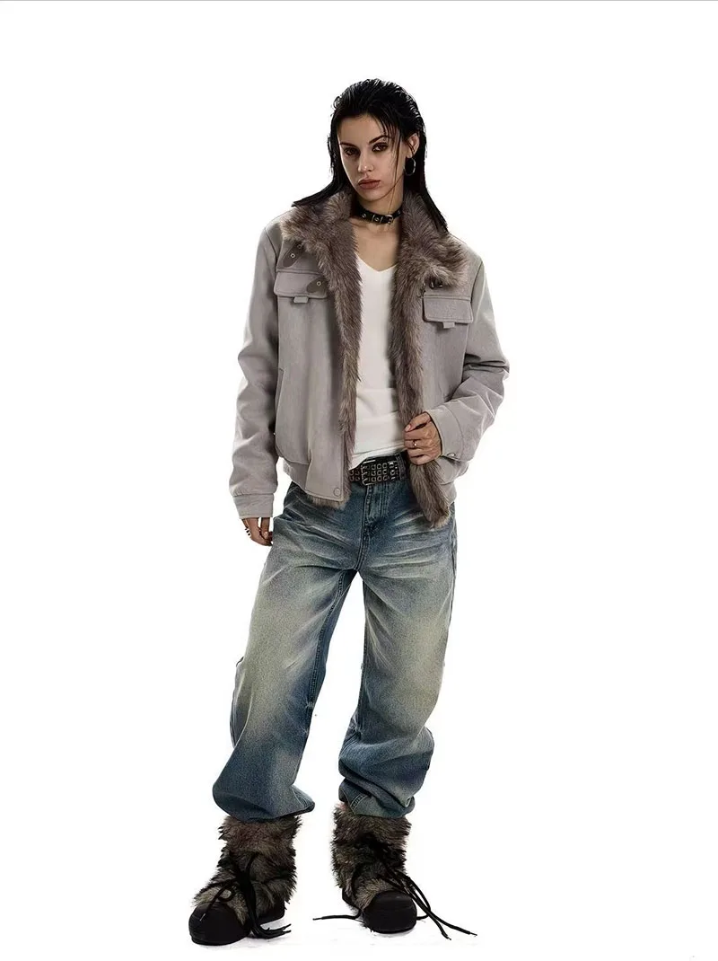 Vintage Suede Parkas Women Y2K American Loose Streetwear Fur Collar Coats Bf Harajuku Single Breasted Warm Outwear New