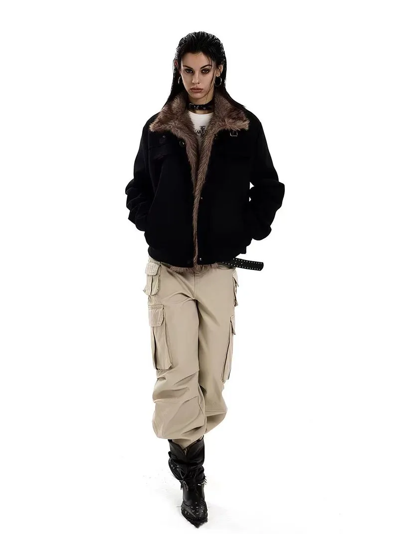 Vintage Suede Parkas Women Y2K American Loose Streetwear Fur Collar Coats Bf Harajuku Single Breasted Warm Outwear New