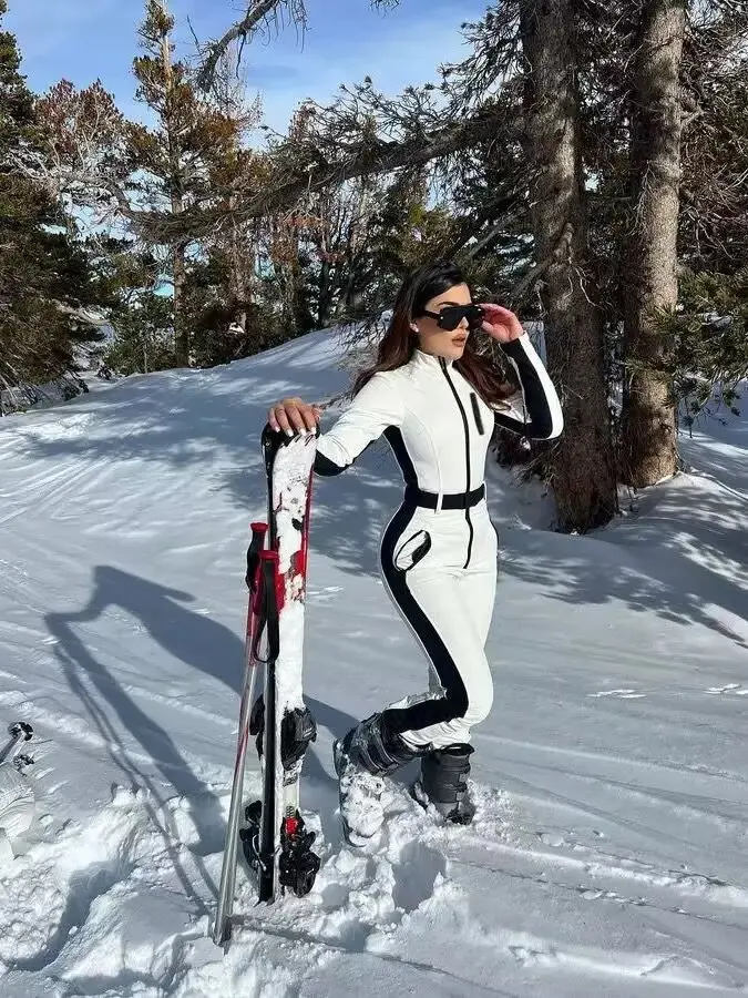 2025 New Women White Waist Cinched One Piece Ski Padded Jacket Black Line Decorations Warm Windproof Multi Color Options