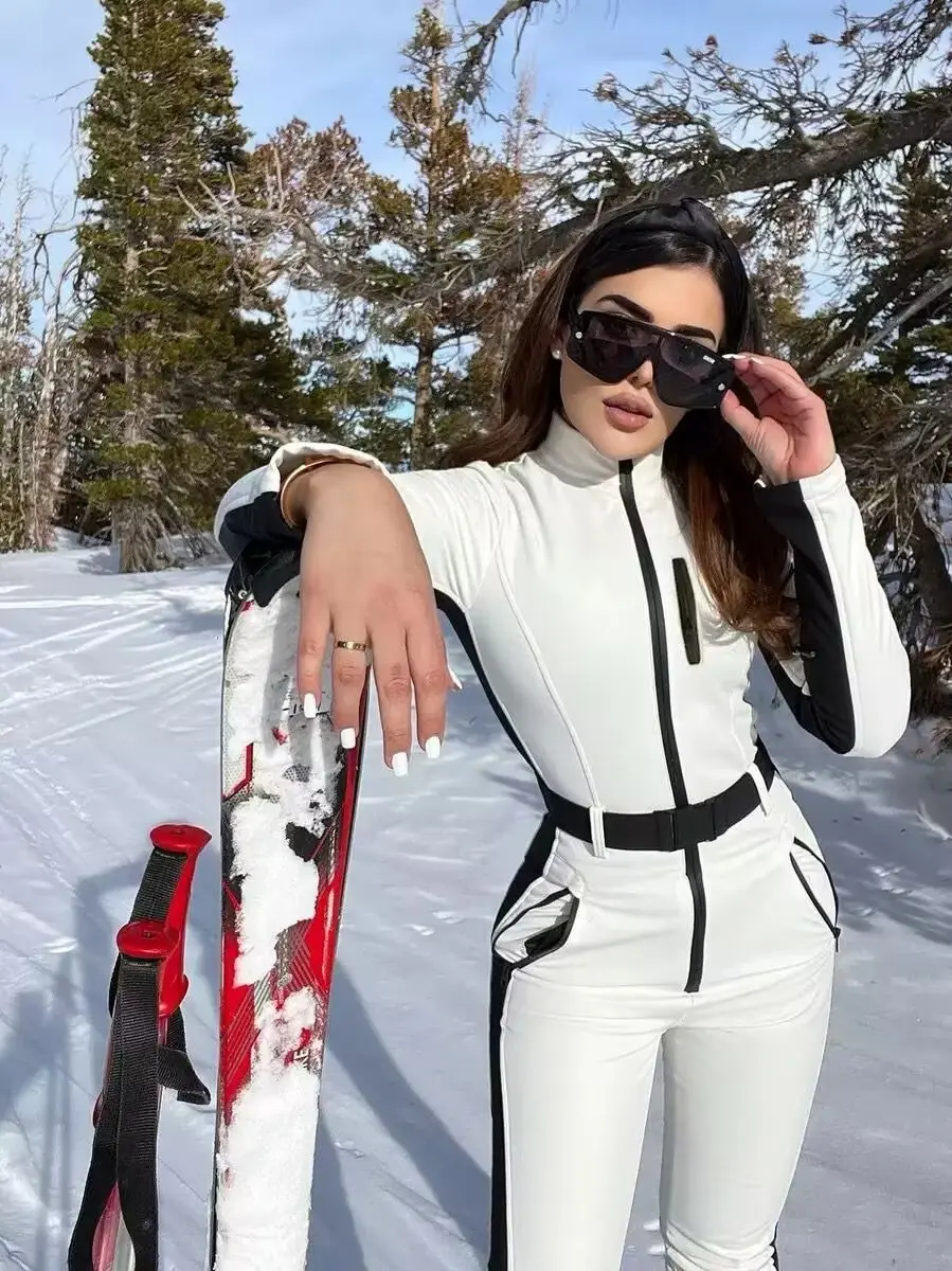 2025 New Women White Waist Cinched One Piece Ski Padded Jacket Black Line Decorations Warm Windproof Multi Color Options