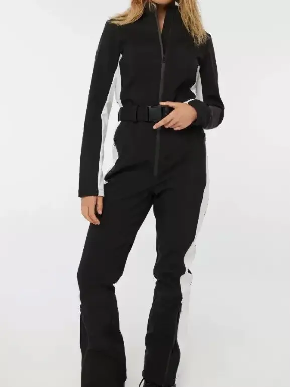 2025 New Women White Waist Cinched One Piece Ski Padded Jacket Black Line Decorations Warm Windproof Multi Color Options