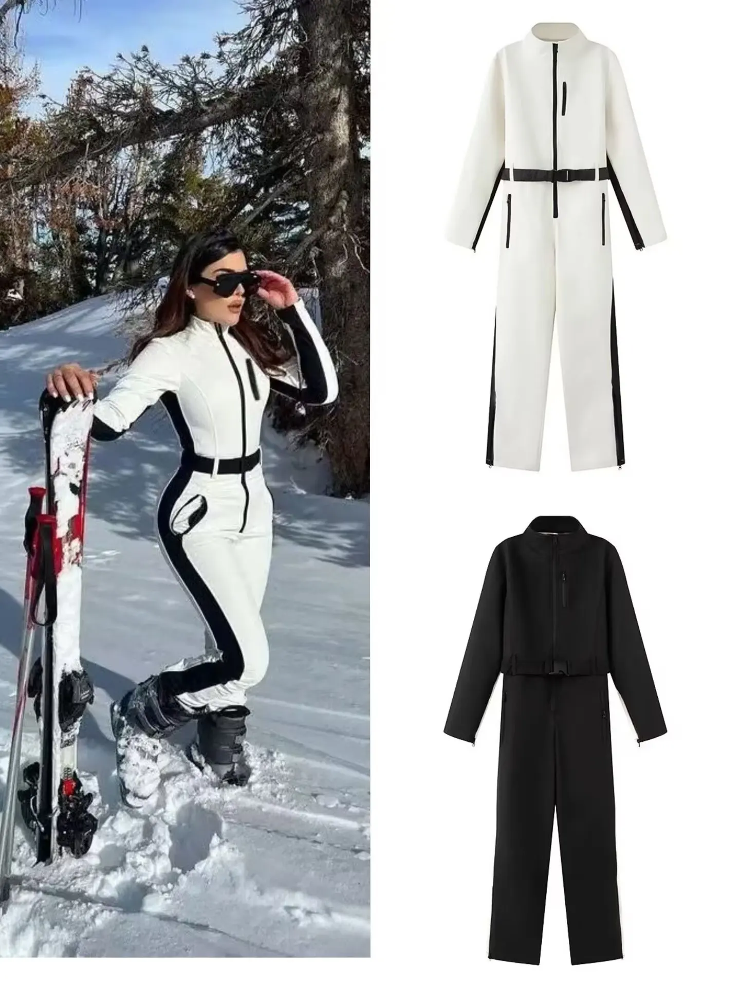 2025 New Women White Waist Cinched One Piece Ski Padded Jacket Black Line Decorations Warm Windproof Multi Color Options