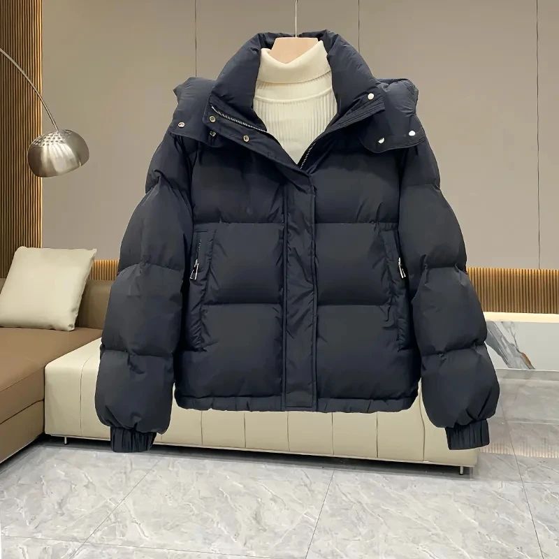 2025Autumn Winter New Down Cotton Jacket Women's Korean Solid Thicken Warm Hooded Short Coat Female Casual Ladies Top