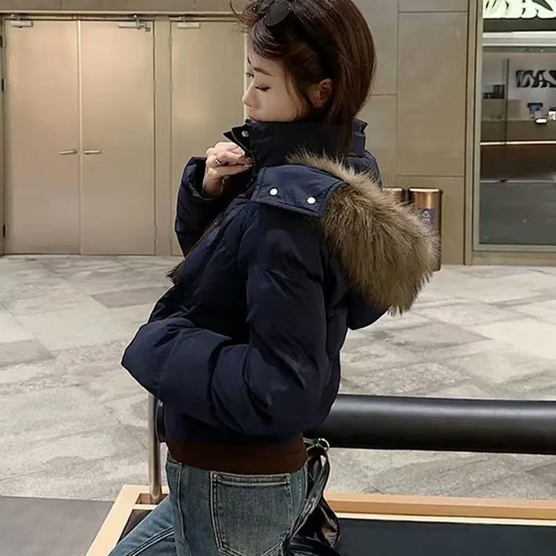 Korean Fur Collar Hooded Parkas Ladies Fashion Design Cropped Cotton Padded Winter Jacket Female Blue Casual Warm Parka Coats