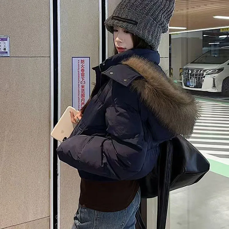 Korean Fur Collar Hooded Parkas Ladies Fashion Design Cropped Cotton Padded Winter Jacket Female Blue Casual Warm Parka Coats