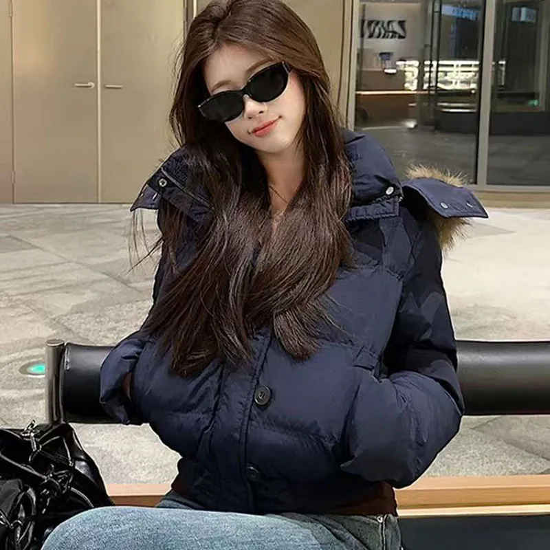 Korean Fur Collar Hooded Parkas Ladies Fashion Design Cropped Cotton Padded Winter Jacket Female Blue Casual Warm Parka Coats
